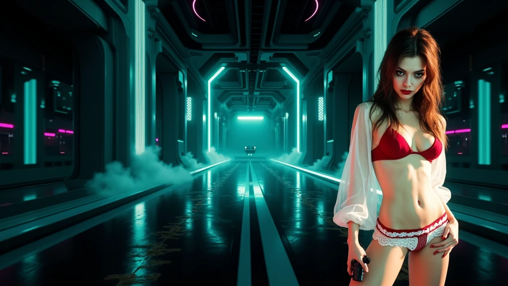 at night, ((a large-breast:1.2 lingerie slim:0.6 GIRL with black micro sunglasses)), ((holding a pistol)), aerial view of an ultra-futuristic megalopolis, tall metal buildings in dark colors from dark blue to black, shades of metal gray, smoky metal structures, industrial environment with fog around, dark cars on the streets, (flying vehicle), modern metal rails and trains passing through, ((futuristic space station)), realistic, detailed, sci-fi.