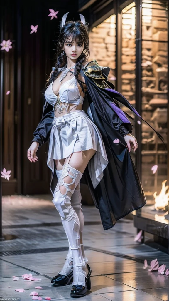 Sexy female character wearing white armor as a warrior from the Sengoku period 、((french braid hair))、((onyx black hair))、((toned body))、(glistening skin)、 toned body、((mega breasts 1.8))、 plump breasts 、 plump thighs 、 The white armor with a lily pattern engraved on it is a bikini type and is designed to emphasize chest exposure、(  wear a cloak with a lily flower pattern )、bustle skirt、 purple shin guard with lily flowers engraved on it 、White high-leg underwear 、White tights、 absolute domain、seductive pose、Noble and elegant atmosphere、 The background is a battlefield with lilies in full bloom 、(( lots of lily petals scattered on the screen ))、 Super high resolution and realistic touch 、 shiny armor and fabric texture 、A dynamic pose is depicted in detail、