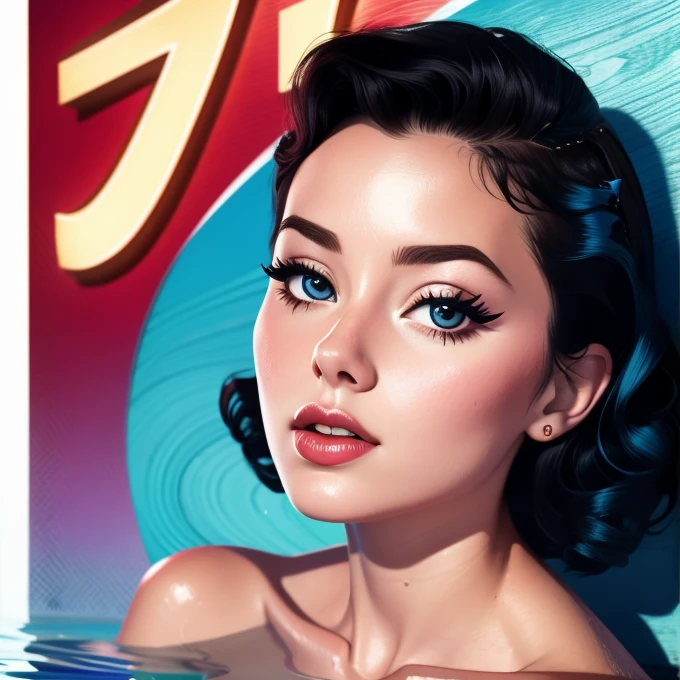 20 years old Girl standing in a river, bathing, washing her body.  Naked, nude,, No Bra, No Panties, medium breast, shining skin, dramatic lighting, pin up style, sexy, surprised, , colorful , masterpieces, illustrated, shining skin, detailed face, Medium breast. tight body.  Long black wavy hair, Illustrated BY Zoe Mozert,   pinup art byZoe Mozert,  vintage pin up, illustrated by Zoe Mozert, girl pinup, pinup girl, pin-up poster girl, pin up girl, pinup, pin - up girl, Detailed face, Detailed Hands, Detailed legs,