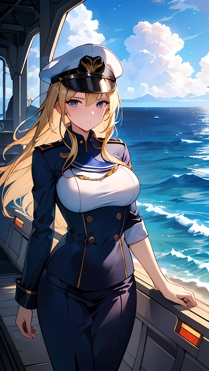 (((Best quality, 8k, Masterpiece: 1.3)), ((best quality)), ((masterpiece)), (detailed), perfect face, perfect body, (detailed skin:1.3), (intricate details), A confident female navy officer standing on the deck of an aircraft carrier, gazing out at the open sea. She wears aviator sunglasses, a crisp navy uniform adorned with golden insignias, and a peaked cap. Her long blonde hair flows in the sea breeze, which she gently holds back with her right hand. The ocean stretches endlessly in the background under a bright blue sky with a few scattered clouds. The scene captures a sense of authority, serenity, and the grandeur of naval life.