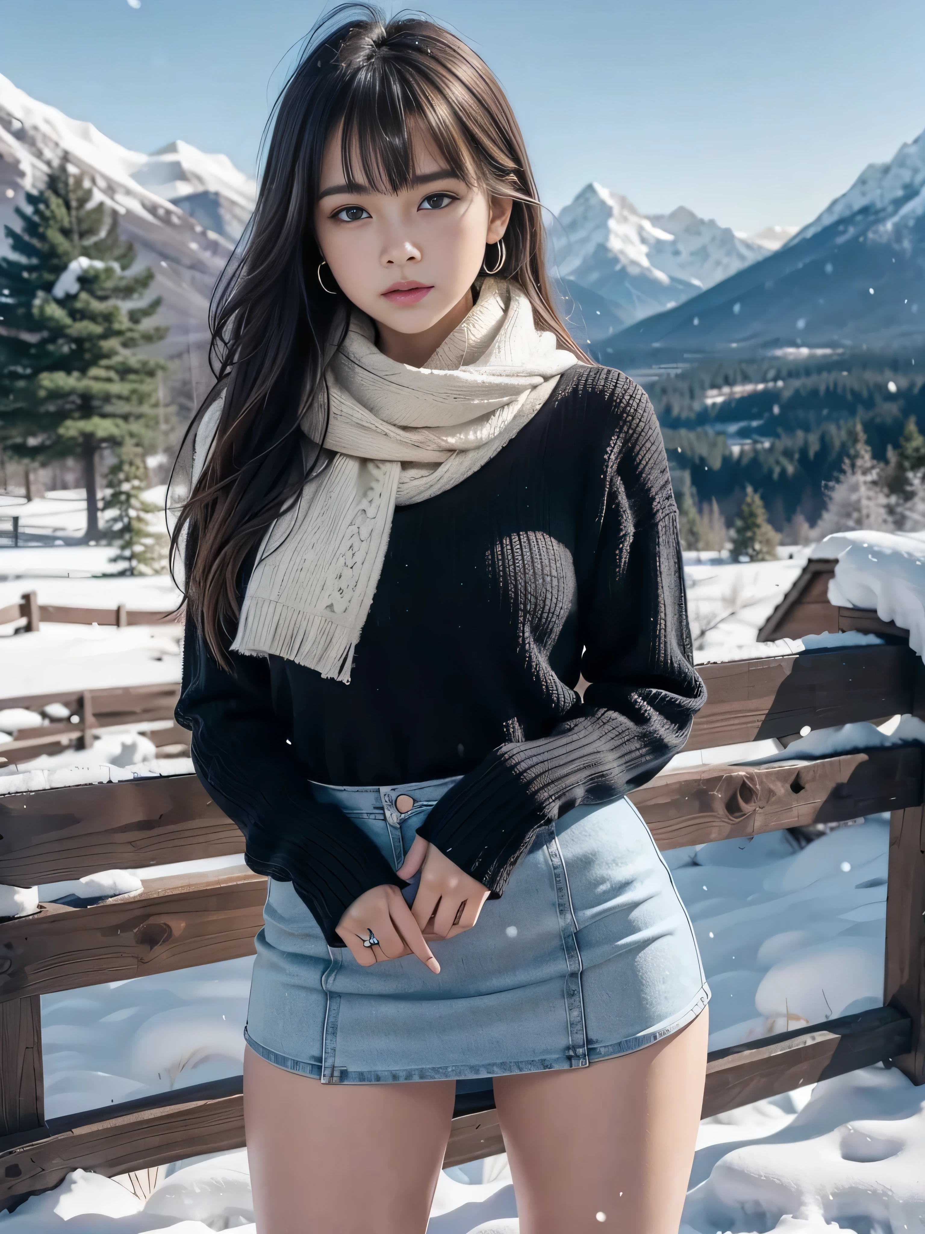 (Cowboy shot: 1.2), (Android_18, and18\(dragon ball z\), ( beautiful finely detailed eyes and detailed face), ( face through the thigh : 1.4), (Knee shot: 1.2), blond hair with bangs , Alone, (((mini skirt))), dama, (beautiful mountainous and snowy background:1.2), :), dynamic angle , ((( full body shot))), Blue eyes, clear face, Sunlight, (Bright Cara: 1.2), ((( hips too wide))), ((( Very thick thighs ))), ( full body shot), Alone, Blue eyes, (((large hair with bangs))), earrings, jewelry, ((Combine it with a beautiful black minidress, sweater and snow miniskirt in very thick wool with scarf., Fits Mary Quint's style)), (((snow boots))), (((she is smiling))), (((caderas muy anchas))), (((muslos muy gruesos))), (Best quality, masterpiece: 1.1), (fidelity: 1.4), 1 girl, upper body, very long hair, study, very young girl, slave, ((miniskirt)), slave necklace, high heels, ((very small breasts)), extremely beautiful woman, ((ultra detailed and toned legs)), ((very wide hips)), ((very thick and toned thighs)), (sexy), ((extreme hourglass figure)), ((very thick heart lips)), ((very small and thick lips)), ((red lipstick)), ((blue eyes)), ((angry look)), (blush), (makeup), miniskirt, high heels, ((she is happy)), ((she used a T-shirt and miniskirt))