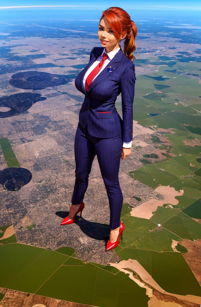 Giga Giantess art 1:4, two highly detailed giga giantess, ginger hair,bbw white woman full body view, 1000 miles tall giga giantess, giga giantess so massive the world is very small to her, huge breasts, light grey pinstriped 3 piece suit with trouser and blazer, white tailored shirt done up thick and very large red Windsor knot tie, ties length reaches just passed the top of trousers, Has long full wavy ponytail, Wearing a pair of  polished round toe court heels Professional attire A look of enjoyment, Beautiful appearance, smile, horny (view from the ground)giga goddess, full body view, standing striaght, stomping on very tiny but massive continent, facing towards camera