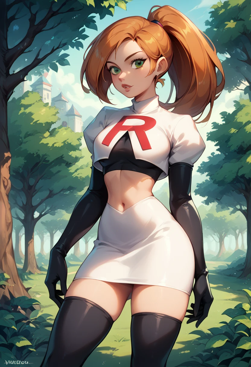 1girl, solo, Kim Possible, ponytail, Cosplay_TeamRocket, team rocket uniform, white jacket, cropped jacket, white skirt, elbow gloves, black thigh highs,, cowboy shot, in beautiful green park, trees.