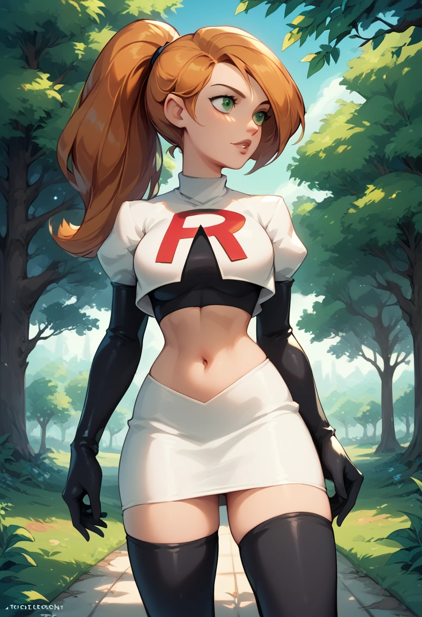 1girl, solo, Kim Possible, ponytail, Cosplay_TeamRocket, team rocket uniform, white jacket, cropped jacket, white skirt, elbow gloves, black thigh highs,, cowboy shot, in beautiful green park, trees.