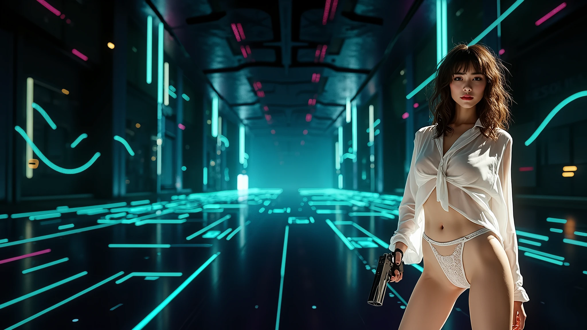 (((aerial view))), Blade Runner style futuristic railway platform, hi-tech train, neon lights, rainy night. (1girl, solo, alone), large-breast:1.2 slim body, cleavage:1.1, sexy wind blowing wet dress:1.4, headphone, (black sunglasses), (((she raised a pistol:1.8 and shot:1.8 the viewer))), dynamic pose, (((half-body thigh level medium shot))), cinematic lighting, lens flare, ray tracing, blurred:1.4 background.