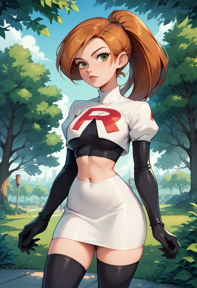 1girl, solo, Kim Possible, ponytail, Cosplay_TeamRocket, team rocket uniform, white jacket, cropped jacket, white skirt, elbow gloves, black thigh highs, in beautiful green park, trees.