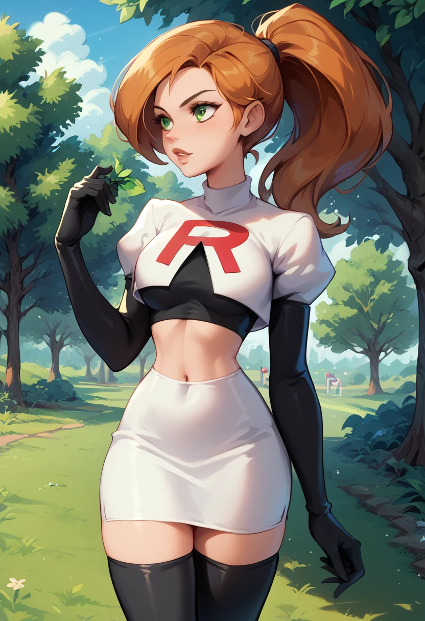 1girl, solo, Kim Possible, ponytail, Cosplay_TeamRocket, team rocket uniform, white jacket, cropped jacket, white skirt, elbow gloves, black thigh highs, in beautiful green park, trees.