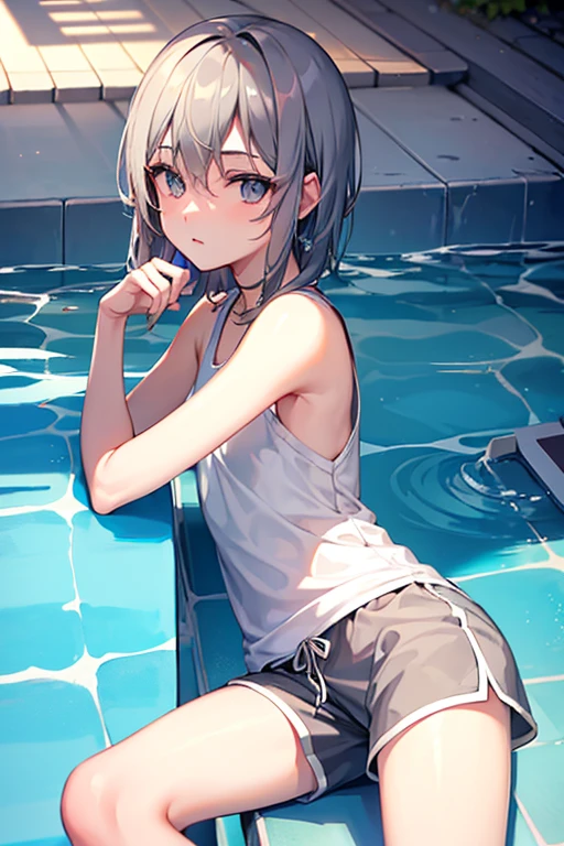 Outstanding, high quality, anime style, ultra high definition, human anatomy, beautiful eyes, delicate age face, ((boy)), (()), wet white shirt, , ((boy Soaked white panties)), panting, short white hair, drooling, wet body, succubus character, collar and chain, full body photo