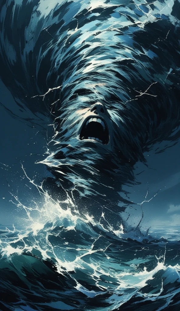 a violent tornado, in the ocean. the sky is dark, with lightning. a subtle human face is morphed onto the tornado. the face is facing the camera, its expression is one where it is shouting in pain.