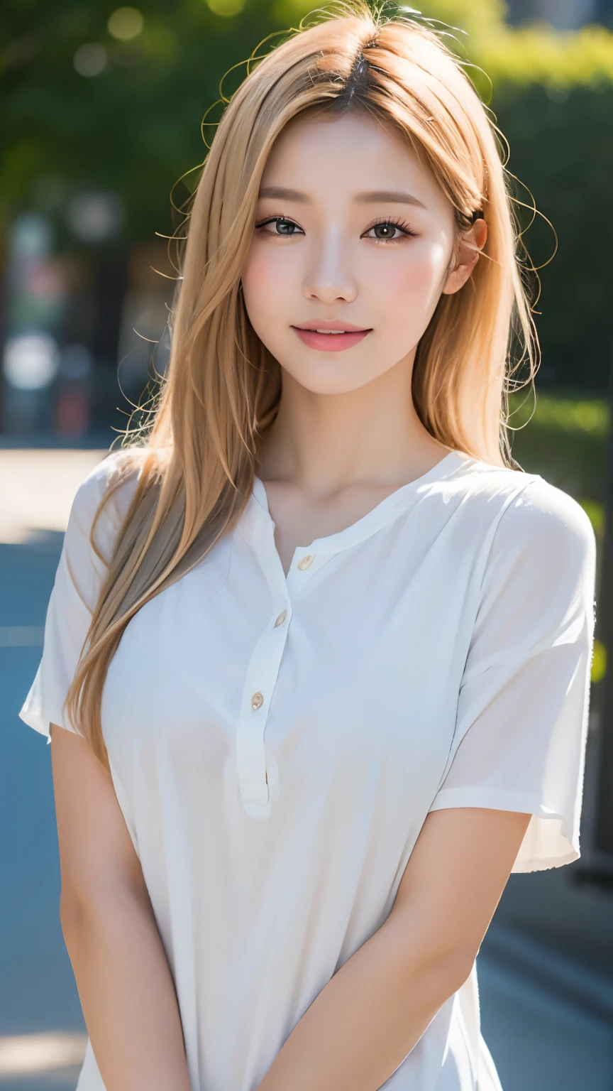 Best Pixels、Highest quality、Highest quality、masterpiece、blonde、Long Hair、summer、date、Denim shorts、sexy、sexy、T-Shirts、smile、Beautiful feet、Big eyes、Panty shot、Genuine、Crouching posture、from the front