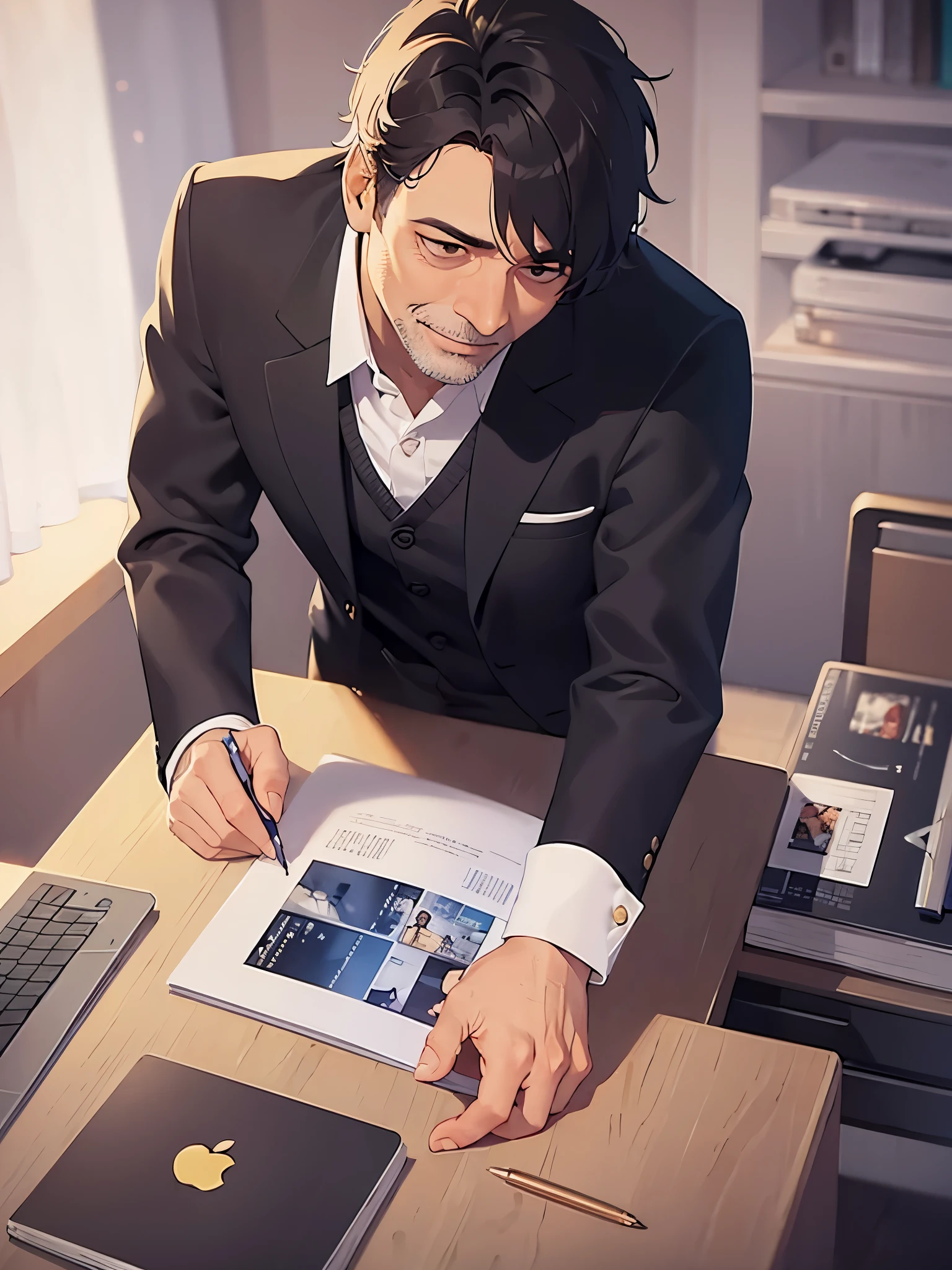 bent over,(looking away:1.5),hands in pocket、
masterpiece、 High Quality 、(A 50-year-old man with short black hair and brown eyes:1.5)and (jitome) and(menositanikuma)
Brown suit、
(evil smile:1.4),desk、
 is a conference room、(alone:1.5)