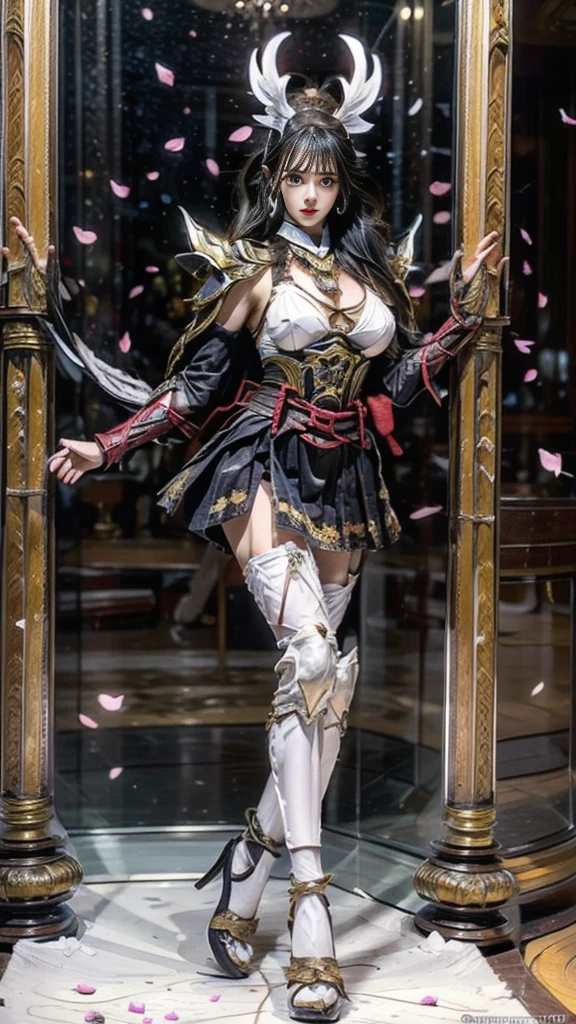 Sexy female character wearing white armor as a warrior from the Sengoku period 、((french braid hair))、((onyx black hair))、((toned body))、(glistening skin)、 toned body、((mega breasts 1.8))、 plump breasts 、 plump thighs 、 The white armor with a lily pattern engraved on it is a bikini type and is designed to emphasize chest exposure、(  wear a cloak with a lily flower pattern )、bustle skirt、 purple shin guard with lily flowers engraved on it 、White high-leg underwear 、White tights、 absolute domain、acrobatic Anguru、acrobatic pose、Noble and elegant atmosphere、 The background is a battlefield with lilies in full bloom 、(( lots of lily petals scattered on the screen ))、 Super high resolution and realistic touch 、 shiny armor and fabric texture 、A dynamic pose is depicted in detail、