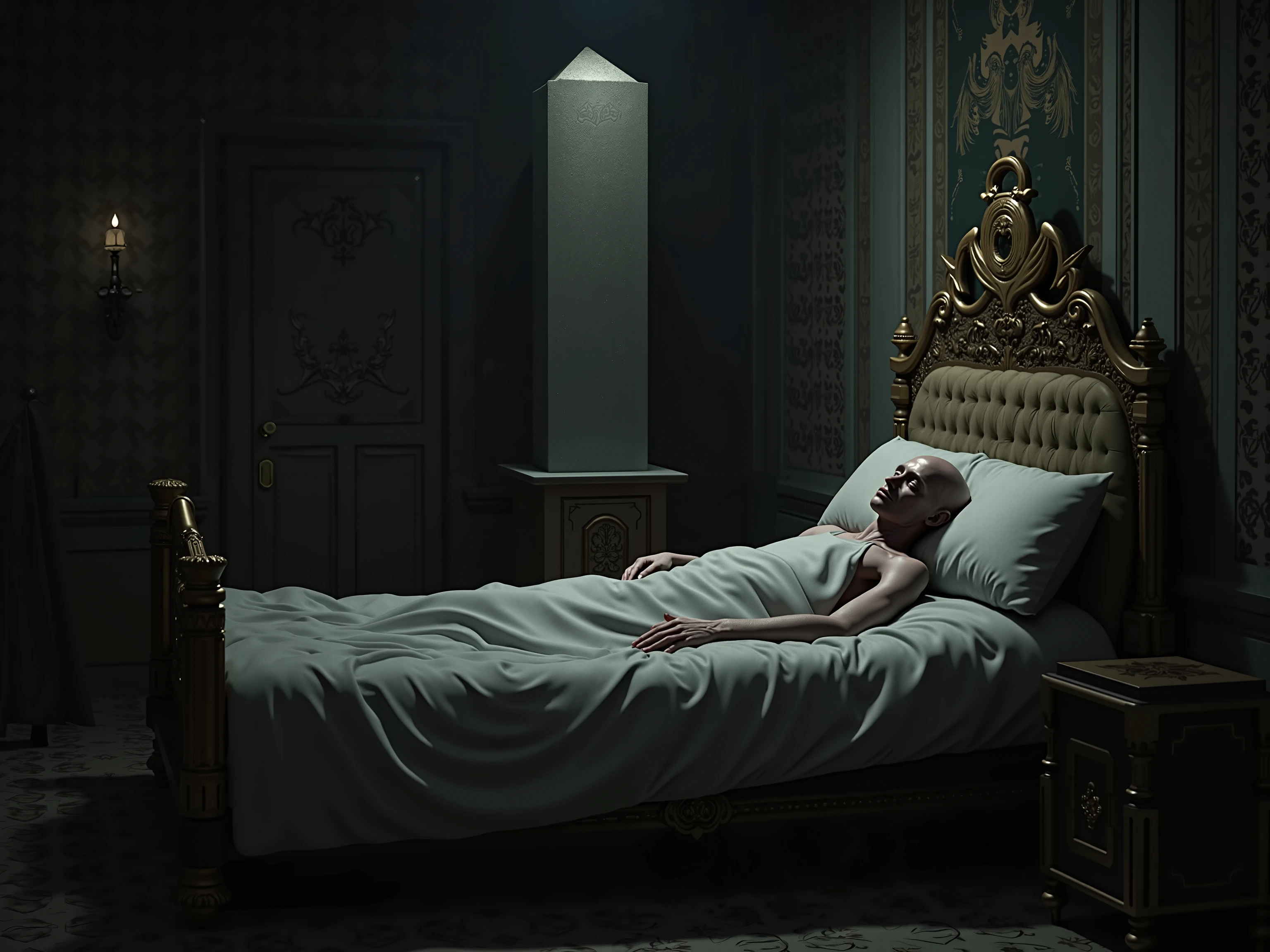 make an illustration of a 50-year-old king bare-chested, With a knife plunged into his chest, the king died in his bed.