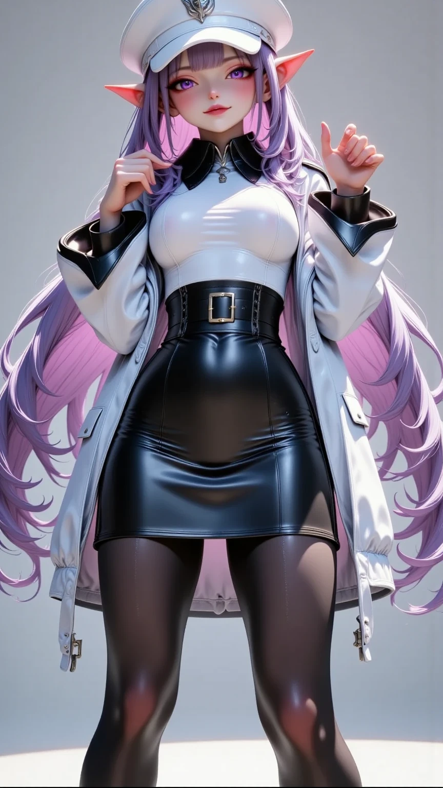  Young Beautiful Dark Elf Women ,( best quality, very detailed depiction , Incredibly Absurd High Definition ,Curvaceous Body, shiny skin with knees,Beautiful legs),(Female military personnel,Female admiral,white-toned latex military uniform with epaulettes, tight skirt , black tights,White cap, high heels),(Blue Skin:2.0, eyeshadow,Glowing purple eyes, half closed eyes:2.0, pointed ears, big breasts,Glossy lips,Shadowed face, bewitching smile,Seductive gestures), full body image :2.0,background:naval port,An anchored warship