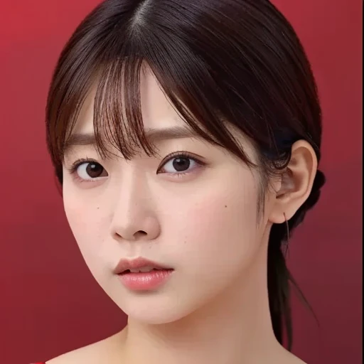 (masterpiece, best quality, perfect anatomy, highres, 8k, realistic, photorealistic, natural skin texture:1.2), 1girl, solo, Japanese, age20, erogao, parted lips, pout lips, face closeup, from front, nude, spot lighting, red background