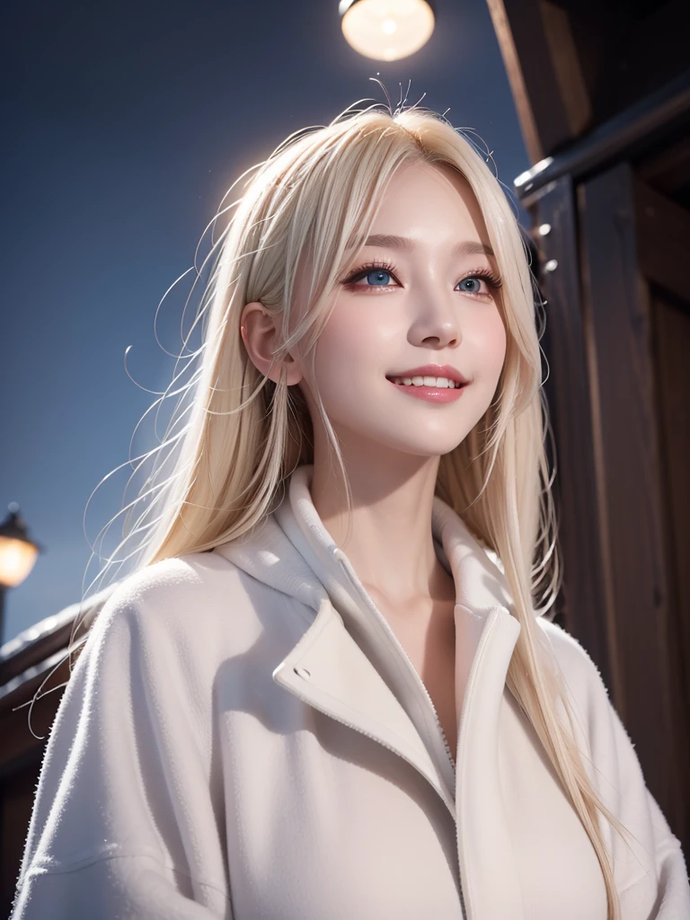 (masterpiece), (Highest quality), One girl, (Perfect Face:1.2), (Beautiful Face:1.2), Platinum Blonde Hair, (From below, Upper Body:1.3), Happy, A light smile, View your viewers, Pause, 
winter coat, Outdoor, winter, snow, at night, Complex, Depth of written boundary, Cinema Lighting,