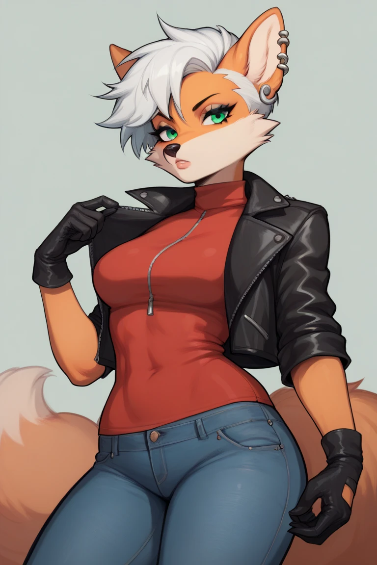 an anthro fox female, orange fur, green eyes, short hair, white hair, ear piercing, eyelashes, black leather jacket, red undershirt, jeans, gloves, simple background, ((high quality)), ((high detail)),