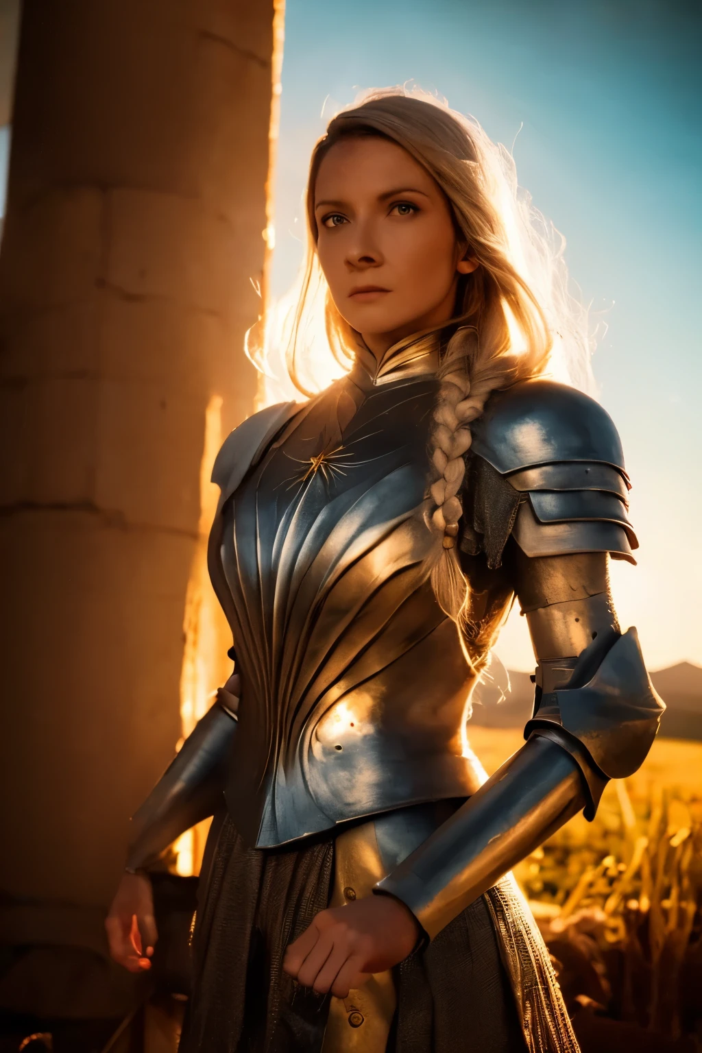 Galadriel, inspired by the series "The Rings of Power", (((L4L4 face))),  in a majestic pose at the center of the scene ,  wearing shimmering armor and elven details,  with its blond hair flowing under a golden light .  The background shows an epic landscape of golden Middle Earth ,  with distant mountains ,  dramatic sky and beams of heavenly light .  Determined expression and intense gaze ,  capturing your strength and wisdom .  Hyper-realistic details on the face and hands ,  metal texture of the highly detailed armor ,  skin illuminated with perfection ,  cinematic atmosphere , epic and glorious . natural light, 35mm photograph, film, professional, 4K, highly detailed, Golden hour lighting. Depth of field F2. Rule of Thirds Composition.
