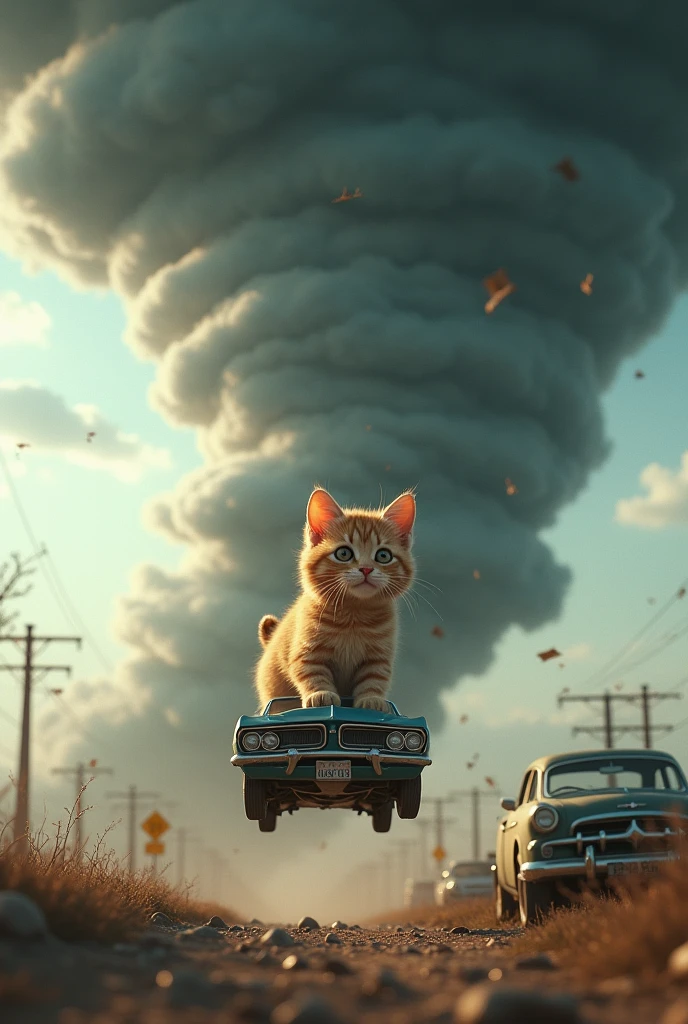  World's Cutest Brown Tiger Kitten Riding a Huge Tornado That Seems to Swallow It All、((Realistic:1.3))、 Impressive Composition 、Raging Wind 、Cars that get blown away