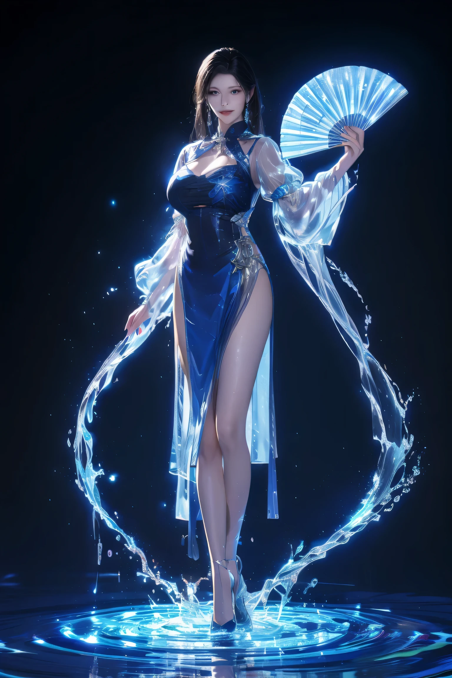 yushuishan, 1girl, breasts, hand fan, solo, jewelry, water, blue eyes, earrings, full body, long hair, see-through, dress, large breasts, holding, looking at viewer, holding fan, high heels, black hair, folding fan, long sleeves, see-through sleeves, cleavage, smile, black background, standing, chinese clothes, puffy sleeves, side slit, blue footwear, bangs, blue dress, hydrokinesis,
Best quality,masterpiece,ultra high res,