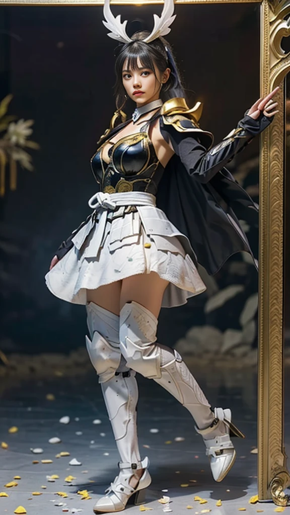 Sexy female character wearing white armor as a warrior from the Sengoku period 、((french braid hair))、((onyx black hair))、((toned body))、(glistening skin)、 toned body、((mega breasts 1.8))、 plump breasts 、 plump thighs 、 The white armor with a lily pattern engraved on it is a bikini type and is designed to emphasize chest exposure、(  wear a cloak with a lily flower pattern )、bustle skirt、 purple shin guard with lily flowers engraved on it 、White high-leg underwear 、White tights、 absolute domain、acrobatic Anguru、acrobatic pose、Noble and elegant atmosphere、 The background is a battlefield with lilies in full bloom 、(( lots of lily petals scattered on the screen ))、 Super high resolution and realistic touch 、 shiny armor and fabric texture 、A dynamic pose is depicted in detail、