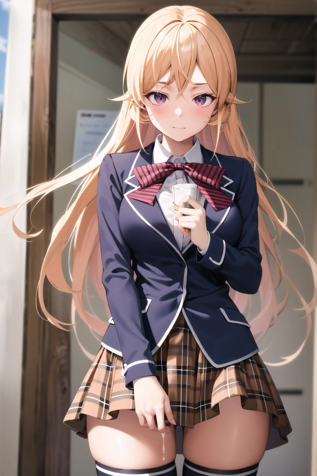 masterpiece, best quality, highres, aaerina, 17years old, long hair, red bow, striped bow, blazer, blue jacket, long sleeves, plaid mini skirt, brown skirt, black thighhighs, no panties, skirt lift, standing, cowboy shot, outdoors, (show pussy:1.1), embarrassed, closed mouth, pussy juice