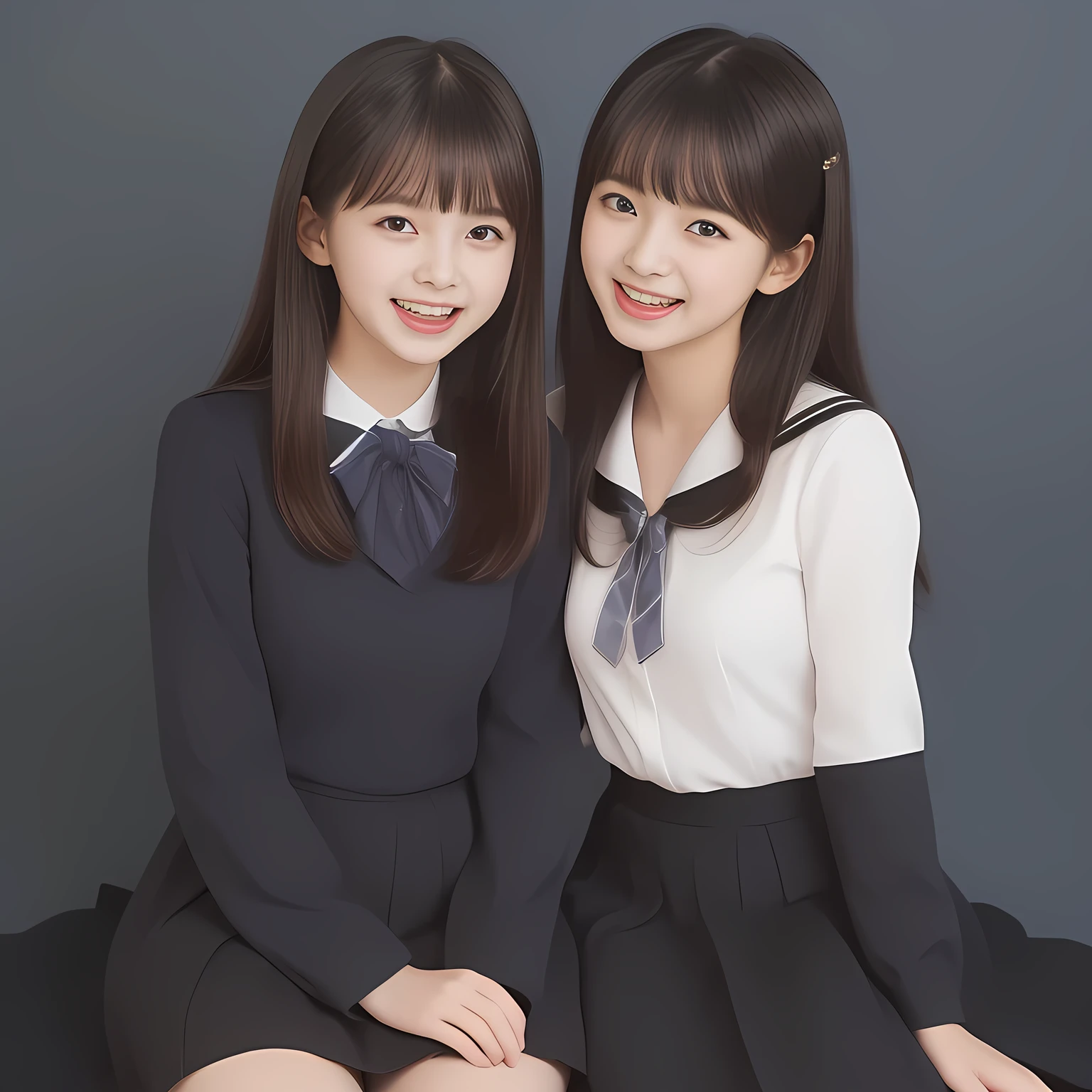 (Highest quality, masterpiece:1.2), Highest quality, High resolution, 1080P, 8k, (Two 13yo Japanese slender 清楚美少女アイドル are seated and give strong subliminal sexual invitation and temptation, cute skirt with beautiful knees, looking at the viewer, viewer's first lover, can't stop showing cute smile open mouth because of feeling the viewer too ridiculous, very white-white face, very proud of her long straight black hair, using face-whitening cosmetics, 13yo 美少女's eyes, Small pupils, laughing giggling most open mouth, too expensive navy sailor-styled school uniform, well-straitened super-long well-trimmed long hair, evenly neatly trimmed girly cute bangs: 1.5), (Laughing blushed cheeks with dimples), (Well-balanced, impressive, very intelligent, double-eyelids, black shining large eyes of 13yo 美少女 with detailed: 1.5), ((Beautiful well-figured glossy opened laughing lips: 1.2)), (mature breast), (The viewer is forced to madly kiss her breast ribbon), (Very beautiful, super-glossy, cute neat black amazingly long hair, straight well-done long hair-style: 1.3), (plain blue background: 1.6), (((Completely balanced beautiful big cool eyes: 1.3))), (eyes, face and hair are especially beautifully detailed and beautifully drawn: 1.5), (She makes the viewer drink her love ribbon: 1.2), (the viewer become crazy and can't stop bursting and running every liquid to 清楚美少女, 美少女 is surprised : 1.7), (School uniform, too-cute slender 13歳 super-long-hair Japanese 美少女 idol twins are laughing at me and unties the breast button and make the viewer drink it: 2.0), (Super long hair super-beautiful magically-bewitching 美少女 super-cute face navy-sailor-suit school-uniform pretty slender 美少女 of 美少女 photo magazine in the 1990s: 2.0), (Atmosphere and expressions and all the symbols are cleverly devised traps to force the viewer fall quickly into eternal deep deep unreal sexual pleasure of beautiful girl's inevitable embrace hypnosis: 2.0)