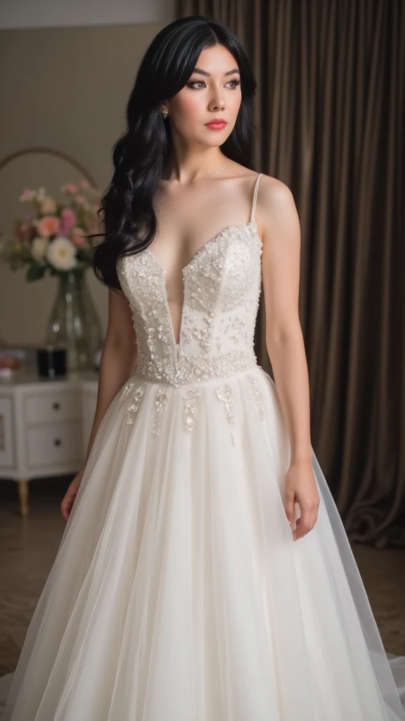 (((        Full body photograph         ,          soft lighting        ,                   sharp focus ,          detailed face of Jacqueline     ))),     of Jacqueline's extremely detailed face, cheerful and flirty face   , ((((   Beautiful woman in wedding dress    ))),   )), brown eyes,          seductive,            ((      smooth and shiny black hair         , make-up,          red lips)), (( Under the skirt)).
