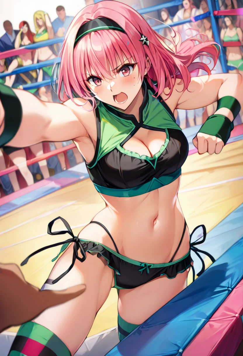 (1girl punching, right arm reaching out:1.5), (wrestling ring with a large crowd:1.3), 1girl, tlrmomo, pink hair, hair ornament, hairband, black and green costume, ((crop top, cleavage cutout, navel)), (side-tie panties:1.5), bare shoulder, striped thigh-highs, (solo, dynamic action, best quality, highly detailed face:1.2),