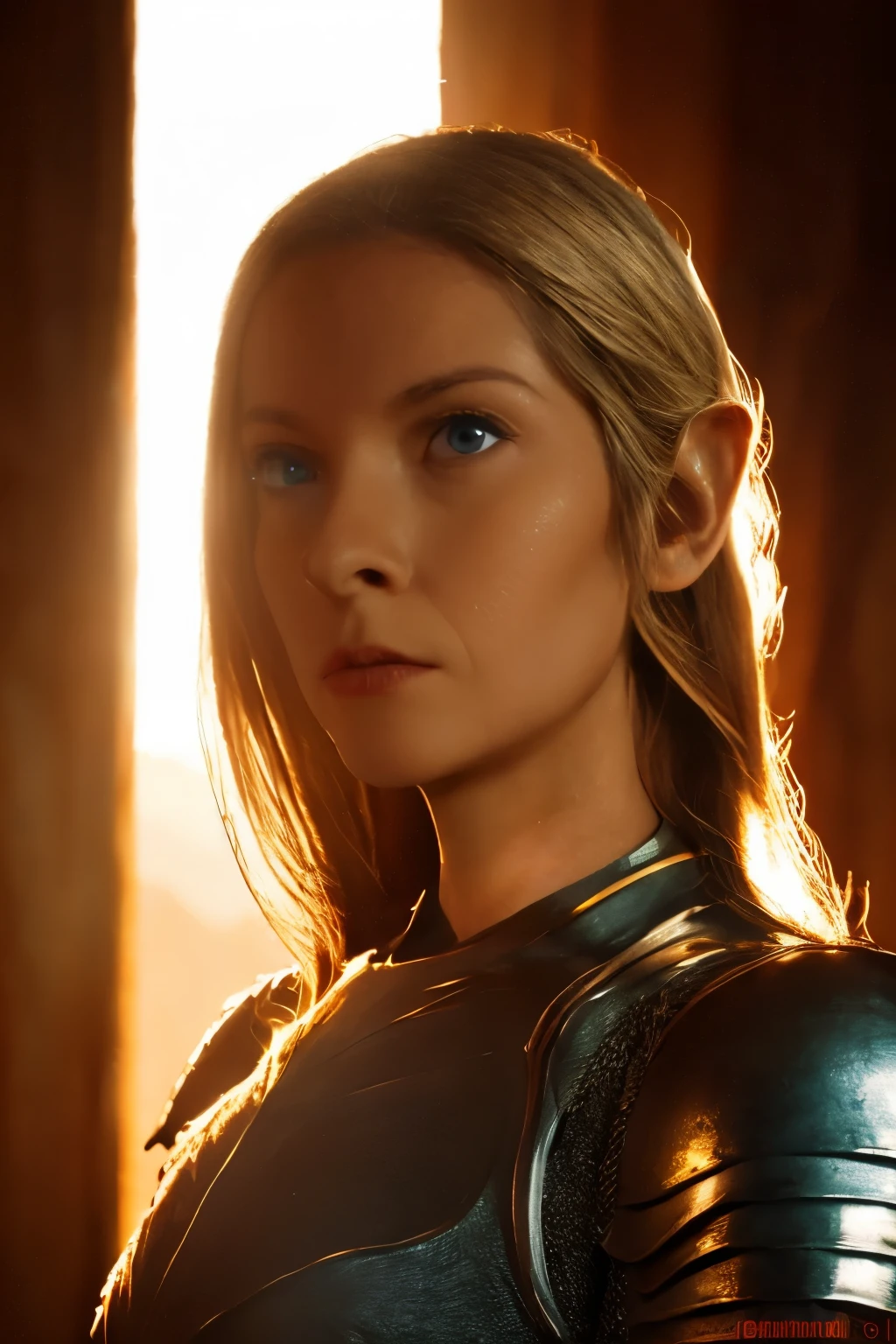 Galadriel, inspired by the series "The Rings of Power", (((L4L4 face))),  in a majestic pose at the center of the scene ,  wearing shimmering armor and elven details,  with its blond hair flowing under a golden light .  The background shows an epic landscape of golden Middle Earth ,  with distant mountains ,  dramatic sky and beams of heavenly light .  Determined expression and intense gaze ,  capturing your strength and wisdom .  Hyper-realistic details on the face and hands ,  metal texture of the highly detailed armor ,  skin illuminated with perfection ,  cinematic atmosphere , epic and glorious . natural light, 35mm photograph, film, professional, 4K, highly detailed, Golden hour lighting. Depth of field F2. Rule of Thirds Composition.
