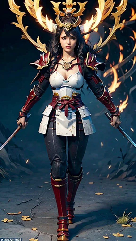 Sexy female character wearing white armor as a warrior from the Sengoku period 、((french braid hair))、((onyx black hair))、((toned body))、(glistening skin)、 toned body、((mega breasts 1.8))、 plump breasts 、 plump thighs 、 The white armor with a lily pattern engraved on it is a bikini type and is designed to emphasize chest exposure、(  wear a cloak with a lily flower pattern )、bustle skirt、 purple shin guard with lily flowers engraved on it 、White high-leg underwear 、White tights、 absolute domain、acrobatic Anguru、acrobatic pose、Noble and elegant atmosphere、 The background is a battlefield with lilies in full bloom 、(( lots of lily petals scattered on the screen ))、 Super high resolution and realistic touch 、 shiny armor and fabric texture 、A dynamic pose is depicted in detail、