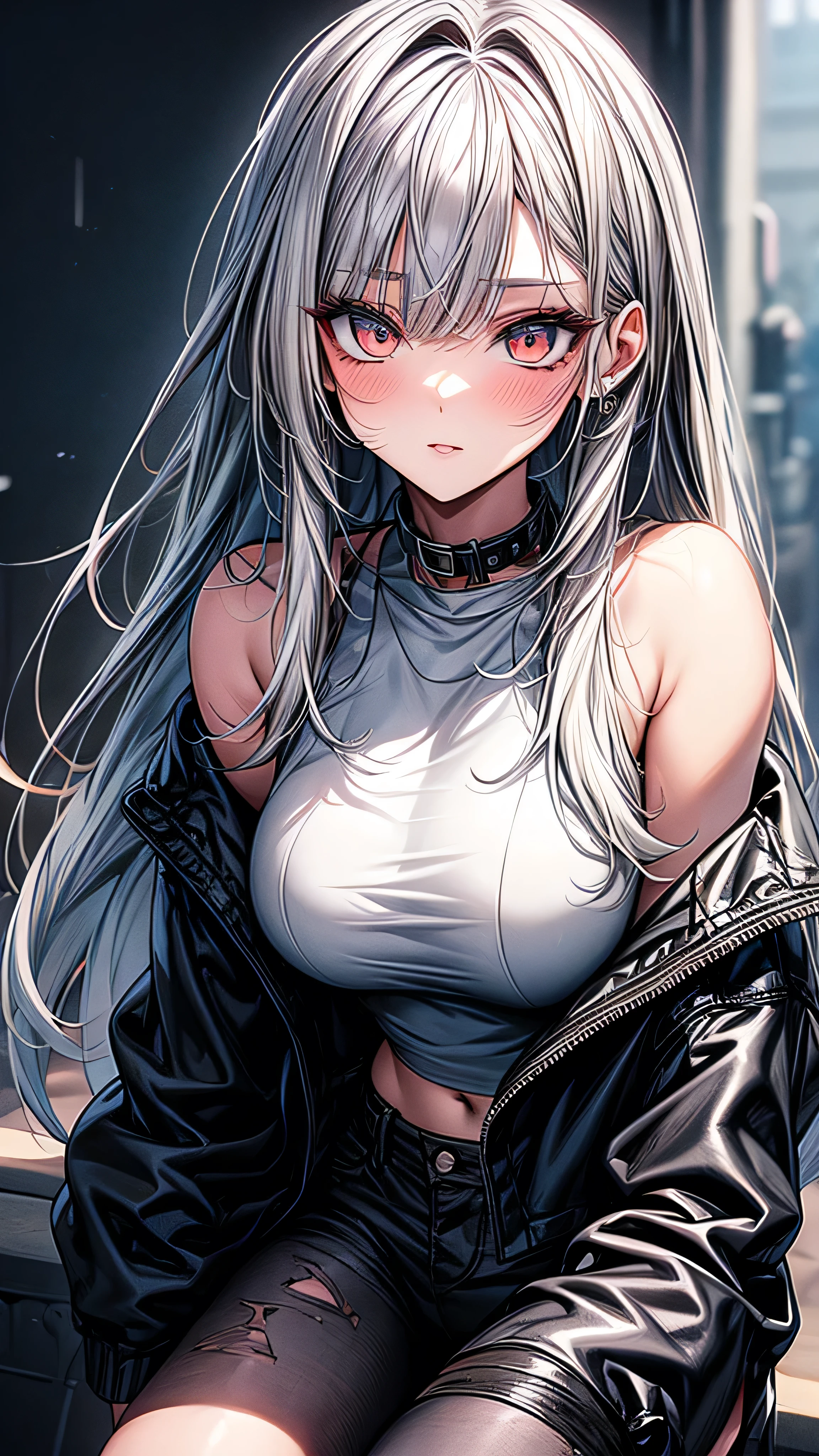 high resolution, Masterpiece, best quality, Highly detailed, โมเดลhigh resolution, high resolutionสุด, Anatomically correct, precise, 1 girl, looking at the audience, black hair, I dyed my hair inside., I have very long hair., shill, Hair highlights, Uneven hairstyles, big breasts, earring, blushing, purple eyes, Take off your mask., illustration, Anime style, masterpiece, best quality, PIXIV, cool girl, lots of piercings, earring,messy hair,bangs, Messy bangs, gray eyes, pale skin, gal, gyaru, black tattoos,long messy hair, tomboy, street wears , jacket , masking