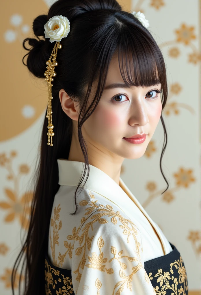 A stunning and elegant portrait of an young East-Asian woman with bangs and  long black hair  styled into an intricate updo adorned with white flowers and golden hair ornaments. She wears a traditional white and black hanfu with golden floral embroidery, exuding grace and sophistication. The background features a soft, decorative golden pattern with white flowers, creating a serene and harmonious atmosphere. Highly detailed, with a focus on the woman's delicate features and the luxurious textures of her attire and accessories.
