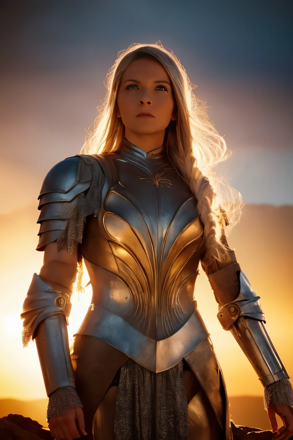 Galadriel, inspired by the series "The Rings of Power", (((L4L4 face))),  in a majestic pose at the center of the scene ,  wearing shimmering armor and elven details,  with its blond hair flowing under a golden light .  The background shows an epic landscape of golden Middle Earth ,  with distant mountains ,  dramatic sky and beams of heavenly light .  Determined expression and intense gaze ,  capturing your strength and wisdom .  Hyper-realistic details on the face and hands ,  metal texture of the highly detailed armor ,  skin illuminated with perfection ,  cinematic atmosphere , epic and glorious . natural light, 35mm photograph, film, professional, 4K, highly detailed, Golden hour lighting. Depth of field F2. Rule of Thirds Composition.
