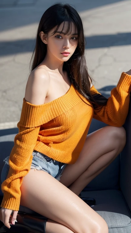 (8k, RAW photo, highest quality, masterpiece: 1.2), (realistic, photorealistic: 1.37), Super detailed, ultra high resolution, pioapple, girl, floating hair, bangs, skin texture, tight waist, slim waist, (curve: 0.4), feet, movie lighting, professional lighting, bright face, (((amusement park))), walk,(((back view))),(((Only the lower body is naked))),(((butt))),(ribbed sweater:1.3), off shoulder sweater, bare shoulders, (((crowd)))
