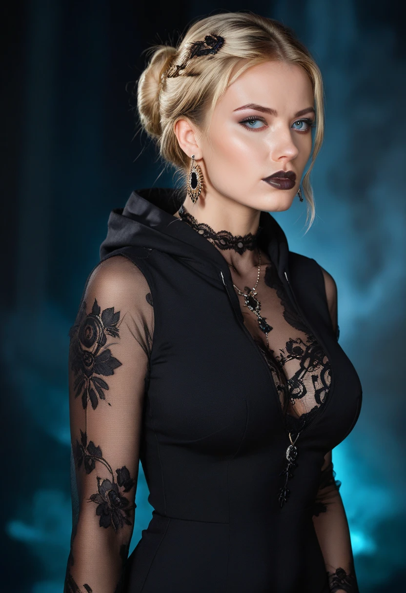  REALISTIC IMAGE, graphic artwork .  A beautiful Russian woman . blonde.  40 years old . hair straight and long. bright blue eye. Black Lipstick. light skin.  Elegant lace dress ,  black dress.  Large earrings and black stone necklace. she uses a (( black hoodie over the head )).  Big breasts . lace dress .  She is a powerful woman , Sensual, seriousness, warrior, sexy,  suspicious look ,  a raised eyebrow.  dark environment, dark, darkness, nevoas. nocturnal. Professional iPhone 15 Pro photo