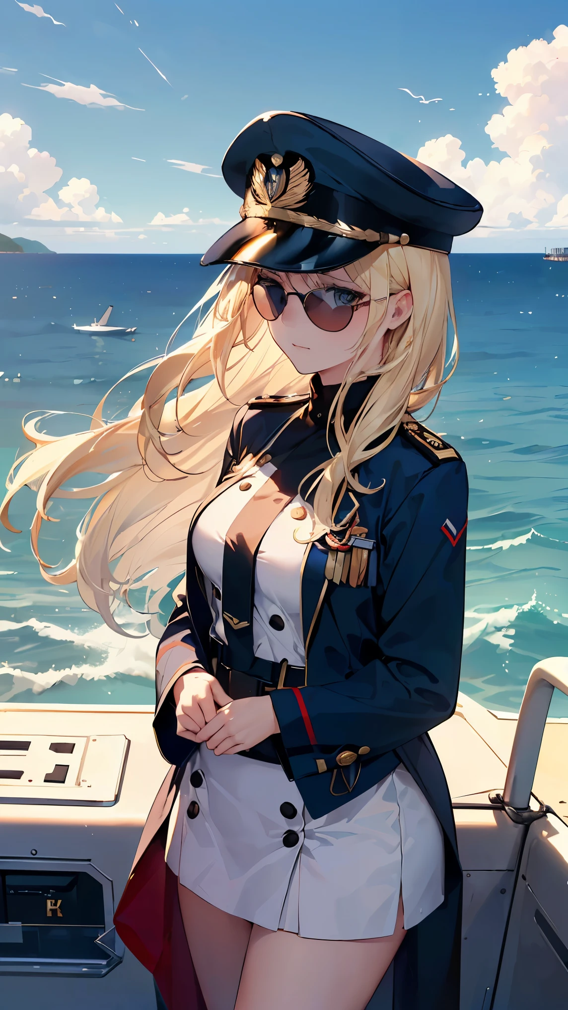 (((Best quality, 8k, Masterpiece: 1.3)), ((best quality)), ((masterpiece)), (detailed), perfect face, perfect body, (detailed skin:1.3), (intricate details), A confident female navy officer standing on the deck of an aircraft carrier, gazing out at the open sea. She wears aviator sunglasses, a crisp navy uniform adorned with golden insignias, and a peaked cap. Her long blonde hair flows in the sea breeze, which she gently holds back with her right hand. The ocean stretches endlessly in the background under a bright blue sky with a few scattered clouds. The scene captures a sense of authority, serenity, and the grandeur of naval life, sunglasses, blonde hair, floating hair