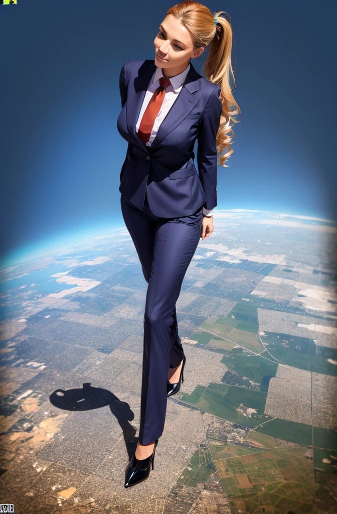 Giga Giantess art 1:4, two highly detailed giga giantess, ginger hair,bbw white woman full body view, 1000 miles tall giga giantess, giga giantess so massive the world is very small to her, huge breasts, light grey 3 piece suit with trouser and blazer, white tailored shirt done up thick and very large red Windsor knot tie, ties length reaches just passed the top of trousers, Has long full wavy ponytail, Wearing a pair of  polished round toe court heels Professional attire A look of enjoyment, Beautiful appearance, smile, horny (view from the ground)giga goddess, full body view, standing striaght, stomping on very tiny but massive continent, facing towards camera