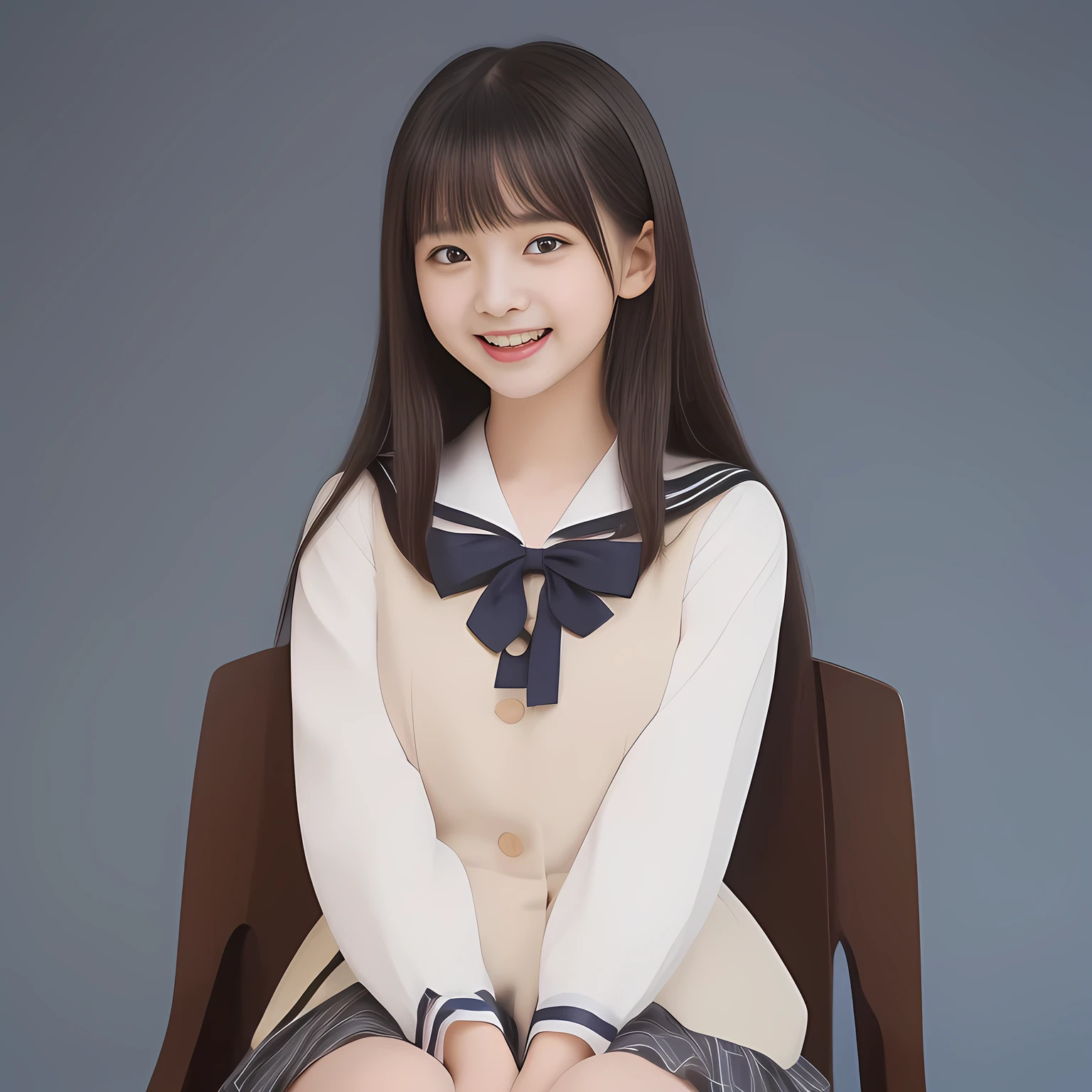 (Highest quality, masterpiece:1.2), Highest quality, High resolution, 1080P, 8k, (Two 13yo Japanese slender 清楚美少女アイドル are seated and give strong subliminal sexual invitation and temptation, cute skirt with beautiful knees, looking at the viewer, viewer's first lover, can't stop showing cute smile open mouth because of feeling the viewer too ridiculous, very white-white face, very proud of her long straight black hair, using face-whitening cosmetics, 13yo 美少女's eyes, Small pupils, laughing giggling most open mouth, too expensive navy sailor-styled school uniform, well-straitened super-long well-trimmed long hair, evenly neatly trimmed girly cute bangs: 1.5), (Laughing blushed cheeks with dimples), (Well-balanced, impressive, very intelligent, double-eyelids, black shining large eyes of 13yo 美少女 with detailed: 1.5), ((Beautiful well-figured glossy opened laughing lips: 1.2)), (mature breast), (The viewer is forced to madly kiss her breast ribbon), (Very beautiful, super-glossy, cute neat black amazingly long hair, straight well-done long hair-style: 1.3), (plain blue background: 1.6), (((Completely balanced beautiful big cool eyes: 1.3))), (eyes, face and hair are especially beautifully detailed and beautifully drawn: 1.5), (She makes the viewer drink her love ribbon: 1.2), (the viewer become crazy and can't stop bursting and running every liquid to 清楚美少女, 美少女 is surprised : 1.7), (School uniform, too-cute slender 13歳 super-long-hair Japanese 美少女 idol twins are laughing at me and unties the breast button and make the viewer drink it: 2.0), (Super long hair super-beautiful magically-bewitching 美少女 super-cute face navy-sailor-suit school-uniform pretty slender 美少女 of 美少女 photo magazine in the 1990s: 2.0), (Atmosphere and expressions and all the symbols are cleverly devised traps to force the viewer fall quickly into eternal deep deep unreal sexual pleasure of beautiful girl's inevitable embrace hypnosis: 2.0)