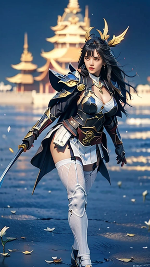 Sexy female character wearing white armor as a warrior from the Sengoku period 、((french braid hair))、((onyx black hair))、((toned body))、(glistening skin)、 toned body、((mega breasts 1.8))、 plump breasts 、 plump thighs 、 The white armor with a lily pattern engraved on it is a bikini type and is designed to emphasize chest exposure、(  wear a cloak with a lily flower pattern )、bustle skirt、 purple shin guard with lily flowers engraved on it 、White high-leg underwear 、White tights、 absolute domain、acrobatic Anguru、acrobatic pose、 upper body、Noble and elegant atmosphere、The background is a battlefield with lots of lilies in full bloom、(( lots of lily petals scattered on the screen ))、 Super high resolution and realistic touch 、 shiny armor and fabric texture 、A dynamic pose is depicted in detail、