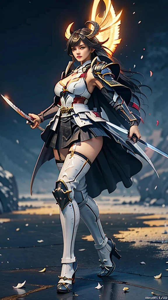 Sexy female character wearing white armor as a warrior from the Sengoku period 、((french braid hair))、((onyx black hair))、((toned body))、(glistening skin)、 toned body、((mega breasts 1.8))、 plump breasts 、 plump thighs 、 The white armor with a lily pattern engraved on it is a bikini type and is designed to emphasize chest exposure、(  wear a cloak with a lily flower pattern )、bustle skirt、 purple shin guard with lily flowers engraved on it 、White high-leg underwear 、White tights、 absolute domain、acrobatic Anguru、acrobatic pose、 upper body、Noble and elegant atmosphere、The background is a battlefield with lots of lilies in full bloom、(( lots of lily petals scattered on the screen ))、 Super high resolution and realistic touch 、 shiny armor and fabric texture 、A dynamic pose is depicted in detail、