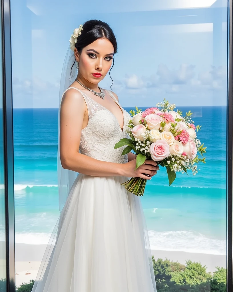 (((        Full body photograph         ,          soft lighting        ,                   sharp focus ,          detailed face of Jacqueline     ))),     of Jacqueline's extremely detailed face, cheerful and flirty face   , ((((   Beautiful woman in wedding dress    ))),   )), brown eyes,          seductive,            ((      smooth and shiny black hair         , make-up,          red lips)), (( Under the skirt)). sexy wedding dress
