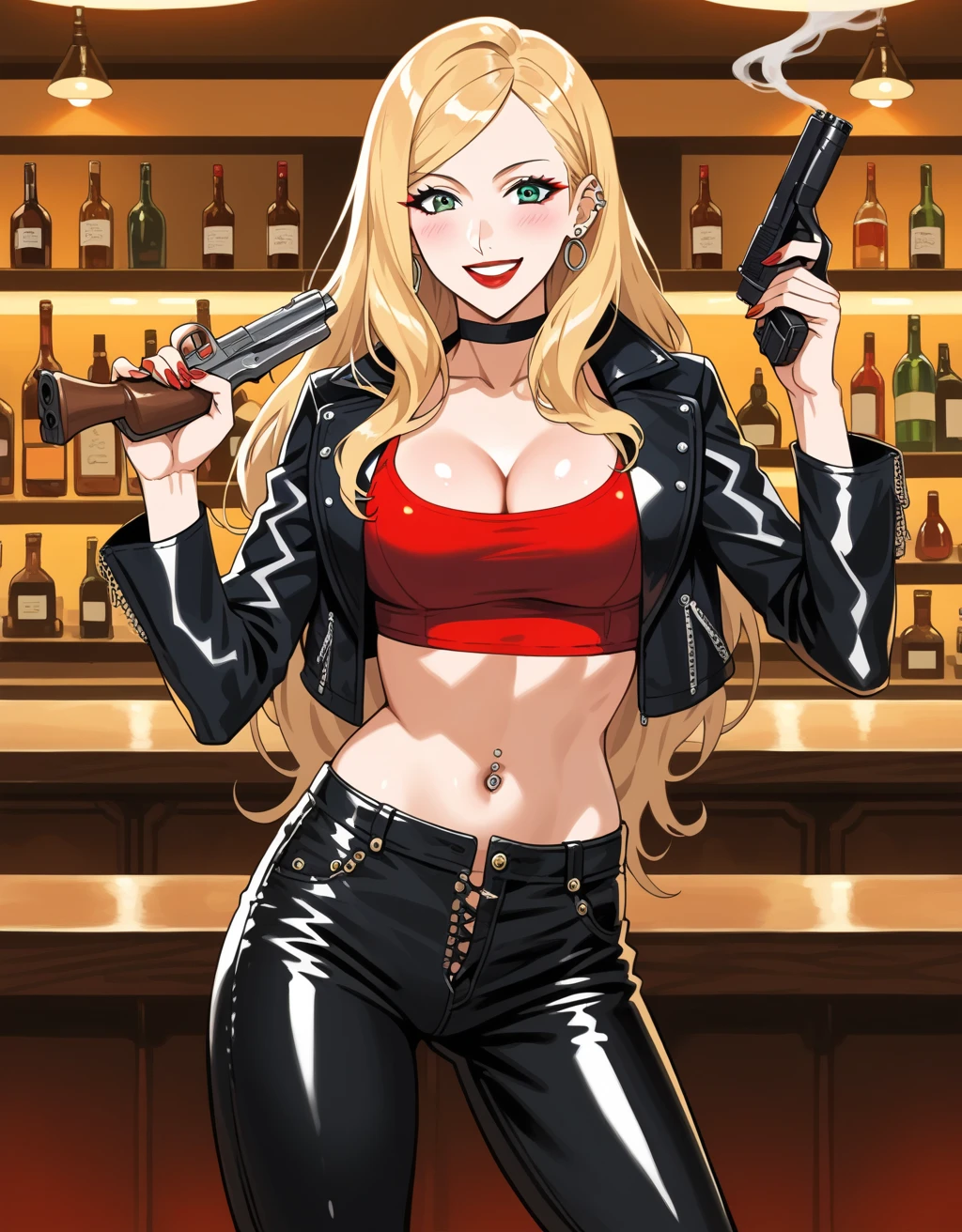 1girl, oriana thomson,  long hair, blush, lipstick, jewelry, earrings,  Hot girl, baddie, mean girl, sensual, attractive, bar background, inside bar, indoor, masterpiece, best quality, highly detailed, a girls with a gun, evil smile , open mouth, sexy gaze, badass
pose , evil smile, smile, (nsfw) not safe for work, guns blazing, anime girl with long hair, beautiful long
haired girl, navel, evil expression, exposed belly, exposed navel, exposed midriff, exposed lower belly,
long black pants, crop top, cleavage, unbuttoned leather pants ,open fly, low rise black leather pants,
leather jacket, holding a gun, holding pistol, navel piercing