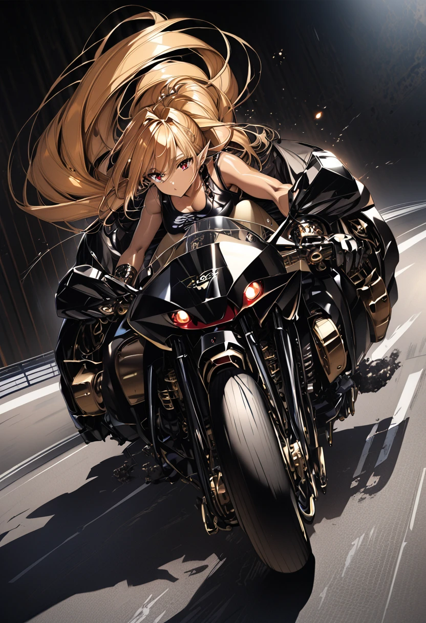 ( best quality、Beautiful, detailed images、 official images )、(Late night highway)、(Golden long hair、 red eyes、 ponytail hair、 model body type、 Big Breasts 、 pointed ears、 brown skin、 dark skin )、(black leather long coat、 tank top shirt 、Black leather trousers、 black thimble gloves that are moving、Black rider boots)、(On-road bike、Dragster)、(Get on a bike、 get behind the wheel)、(High angle view)