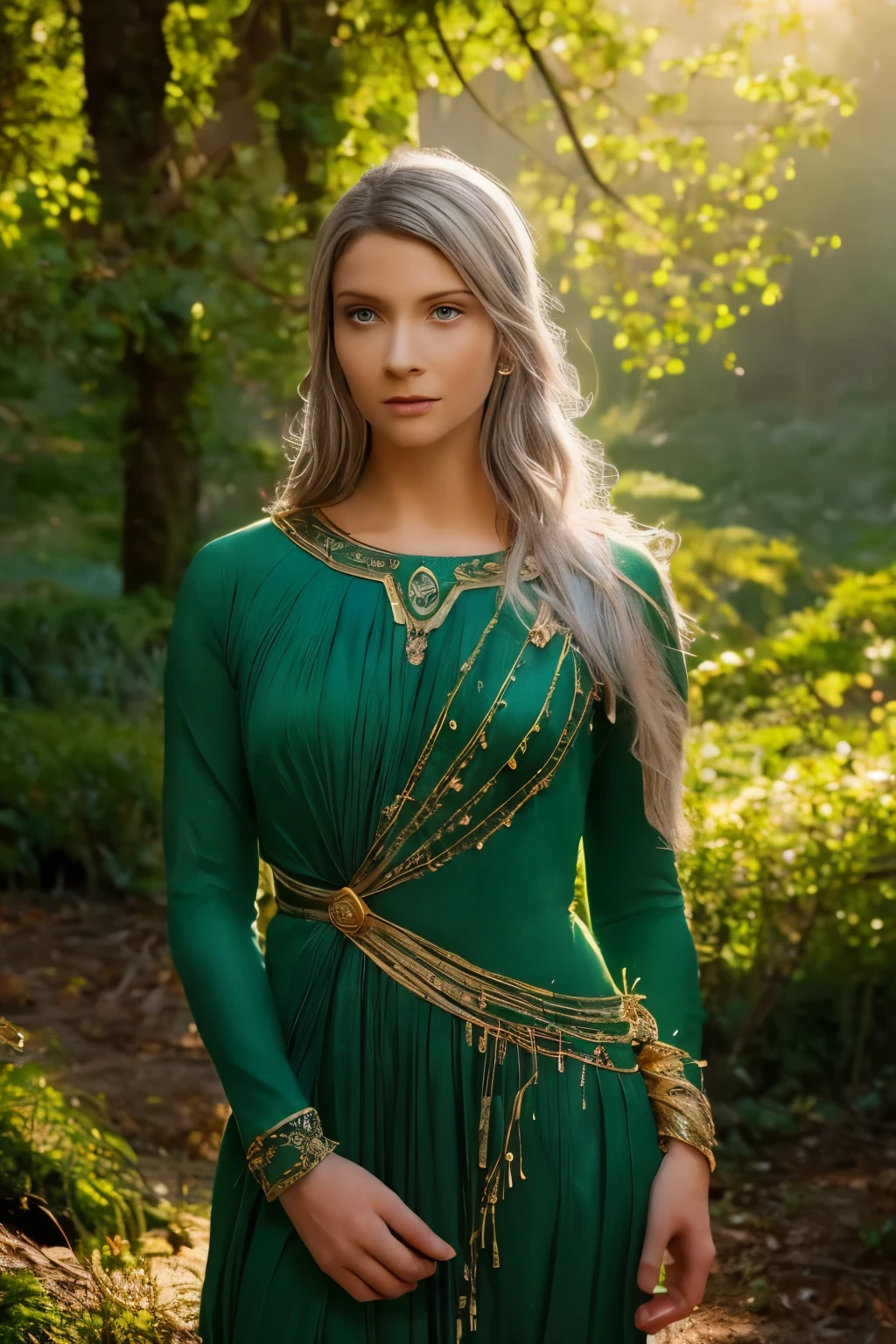 Galadriel, a radiant elven queen, standing gracefully in a magical elven forest bathed in soft, ethereal light. She is wearing a flowing green dress adorned with intricate golden embroidery, reminiscent of delicate vines and leaves, perfectly complementing the lush surroundings. Her long, silvery hair cascades over her shoulders, glowing softly in the dappled sunlight filtering through ancient, towering trees. The forest is alive with magical energy, featuring bioluminescent flowers, sparkling streams, and faint, glowing particles floating in the air. Her expression is serene and wise, her piercing eyes reflecting the timeless beauty and wisdom of the elves. The scene is infused with an otherworldly atmosphere, with fine details in the textures of her dress, the bark of the trees, and the vibrant flora. Photorealistic rendering, ultra-high-definition, with dramatic, yet soft lighting highlighting her elegance and the magical ambiance of the forest.