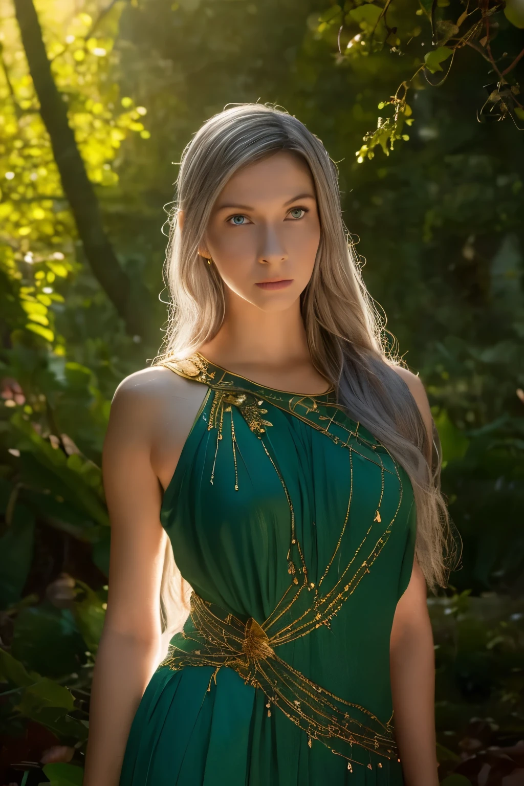 Galadriel, a radiant elven queen, standing gracefully in a magical elven forest bathed in soft, ethereal light. She is wearing a flowing green dress adorned with intricate golden embroidery, reminiscent of delicate vines and leaves, perfectly complementing the lush surroundings. Her long, silvery hair cascades over her shoulders, glowing softly in the dappled sunlight filtering through ancient, towering trees. The forest is alive with magical energy, featuring bioluminescent flowers, sparkling streams, and faint, glowing particles floating in the air. Her expression is serene and wise, her piercing eyes reflecting the timeless beauty and wisdom of the elves. The scene is infused with an otherworldly atmosphere, with fine details in the textures of her dress, the bark of the trees, and the vibrant flora. Photorealistic rendering, ultra-high-definition, with dramatic, yet soft lighting highlighting her elegance and the magical ambiance of the forest.