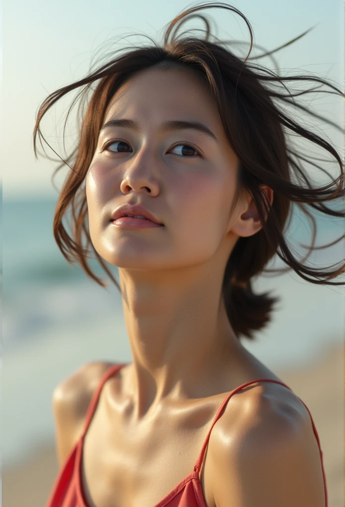 Action portrait, an beautiful asian woman,Posing as if catching the wind