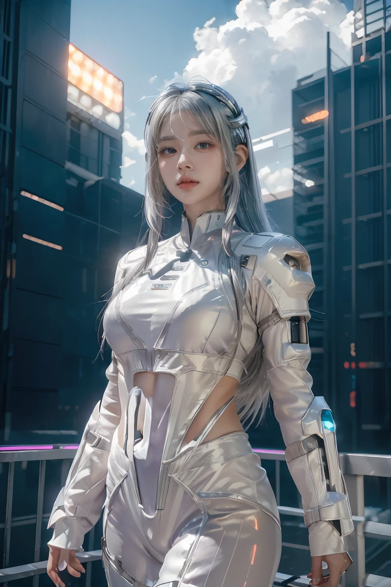 ((masterpiece, best quality, extremely detailed), volumetric lighting, ambient occlusion, colorful, glowing), 
1girl, solo, young girl, (silver hair), long hair, halo, aura, sacred, goddess, cyber suit, (white outfit:1.3), 
outdoors, sunset, sky, clouds, space, (cyberpunk theme:1.2),