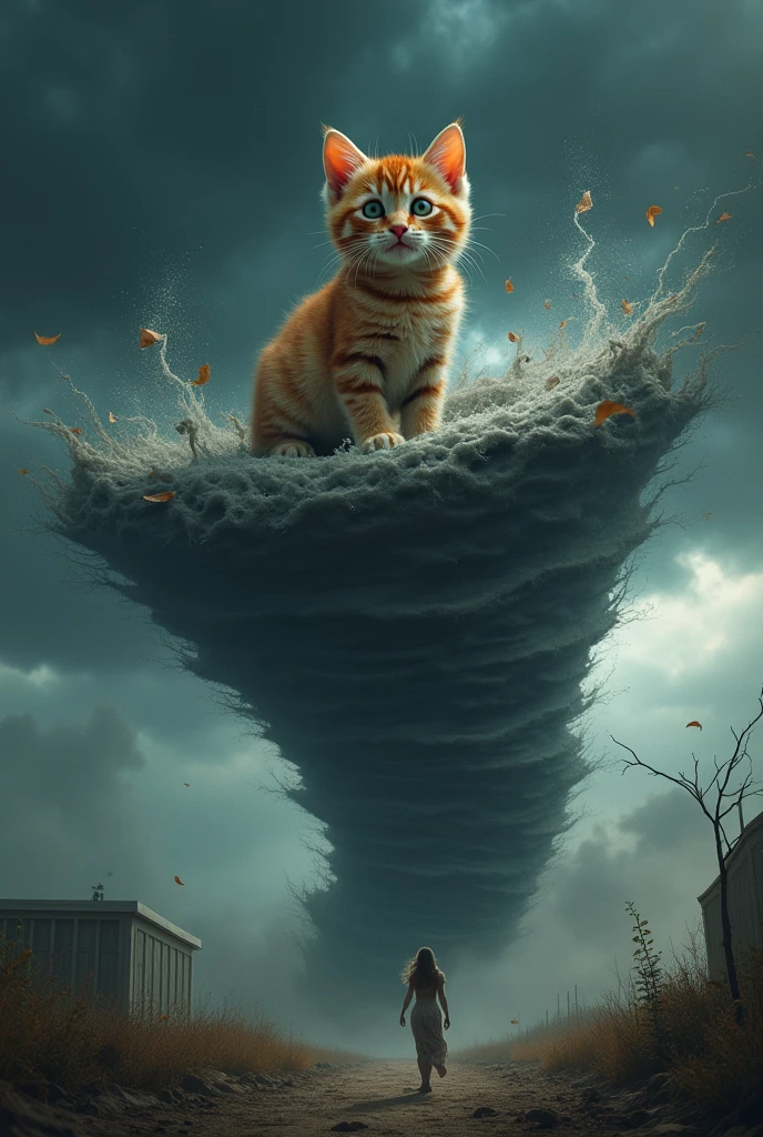  the cutest brown tiger pattern kitten in the world riding a huge tornado that seems to swallow everything、((Realistic:1.3))、 Impressive Composition 、Raging Wind 、Roaring thunder 、 confronting kittens 、Pitch black sky、Beautiful girl who gets carried away