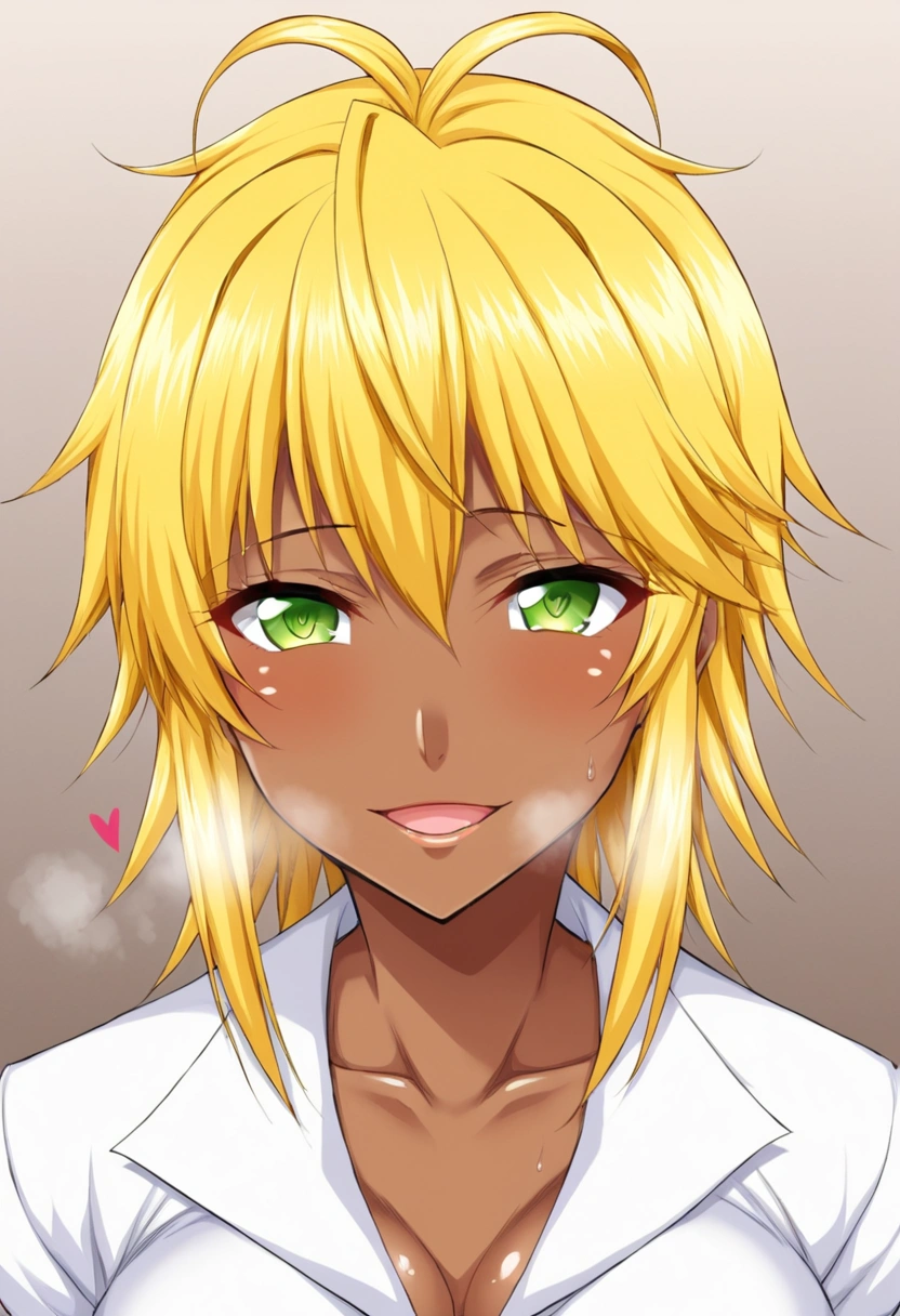 Tier Harribel, Female 1 person  ,   yandere,  Viewers,  intense breathing in a gang's lair , Students are hearts,褐色の肌,Brown Skin,Yellow-green eyes,Yellow Hair, hotel interior,The pupils are hearts,, full body is shown